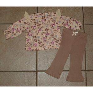 NICOLE MILLER Girls Sz 3-6 Months Floral Shirt & Brown Leggings 2 Pc Outfit Set